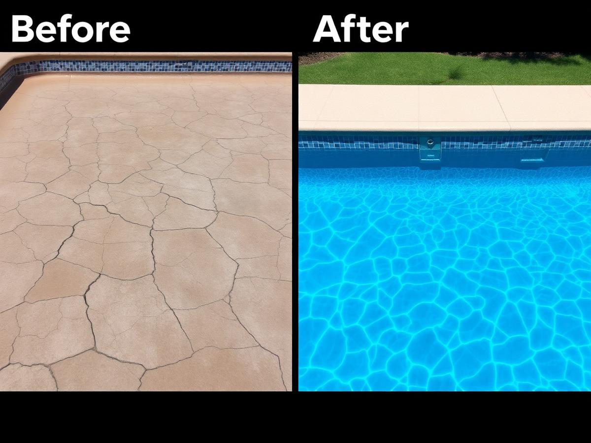 Before and after comparison of a cracked pool surface and a freshly relined pool