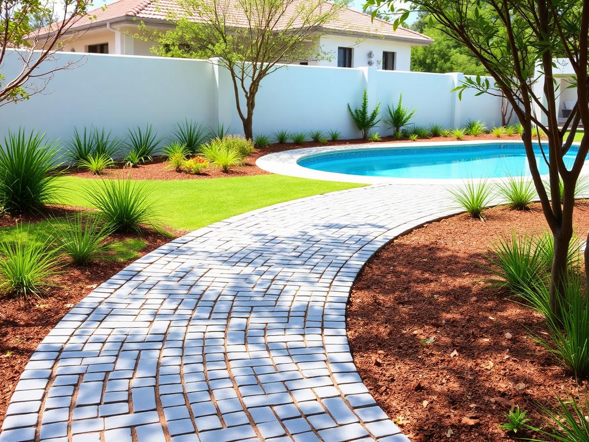 Cobble paved walkway curving through a garden towards a pool